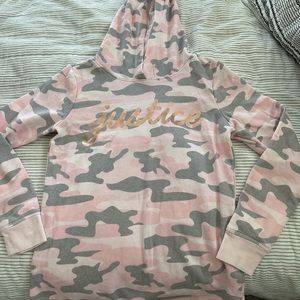 Girls pink, gray, white camo Justice hooded sweatshirt size 12